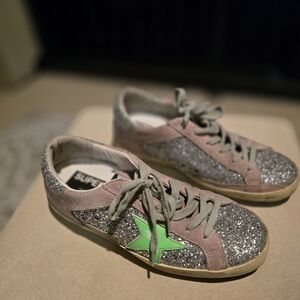 Golden Goose Silver Gliiter And Baby Pink Sneakers with Green Star